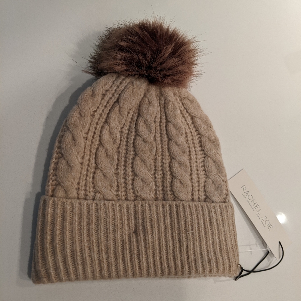 Rachel Zoe Beige Cable Knit Pom Pom Beanie